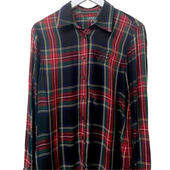 LAUREN RALPH LAUREN Womens Plaid Shirt Medium Petite Button up Crest Blouse Long - Picture 6 of 11
